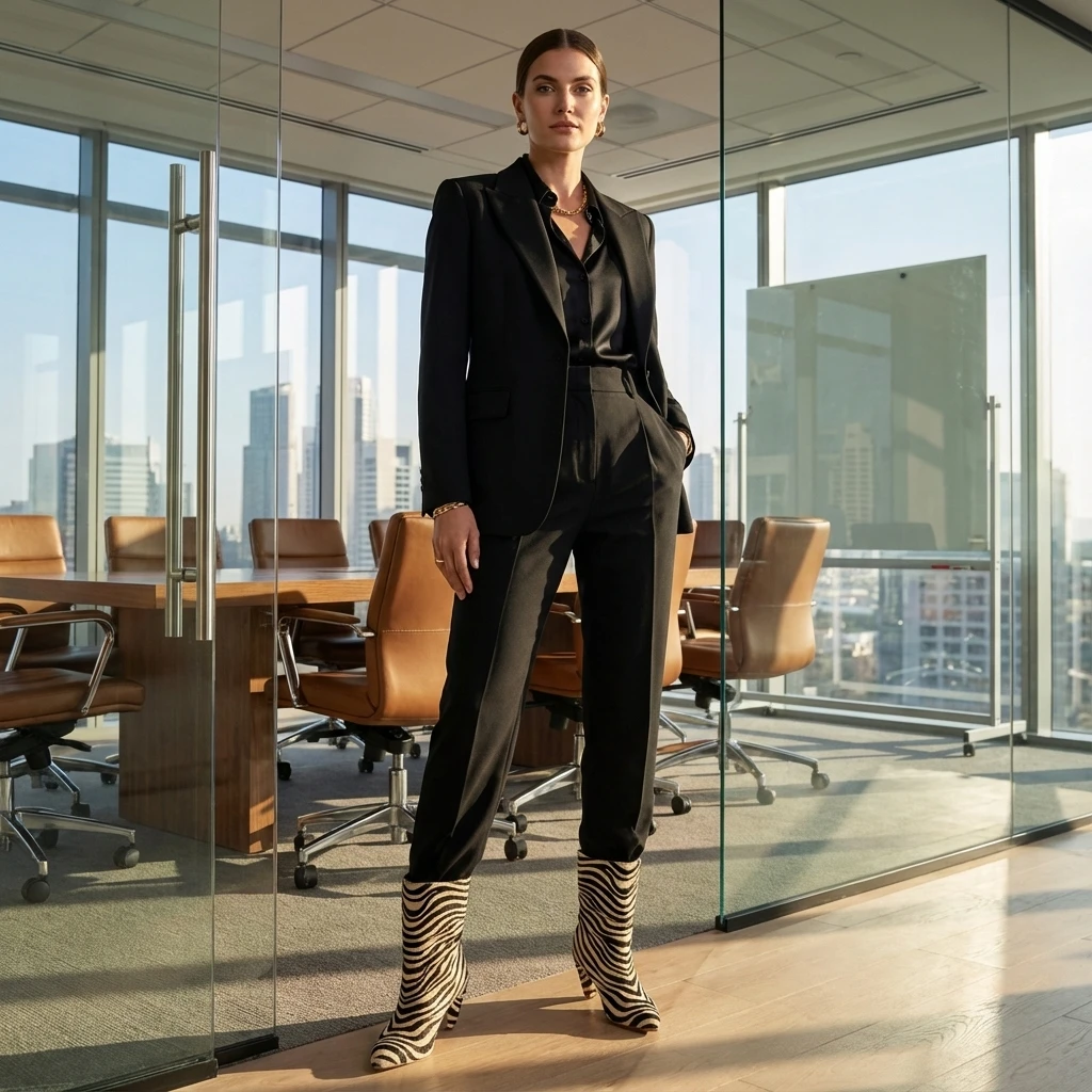 Professional woman in a black suit stands in a glass-walled office, wearing zebra-print mid-calf heeled boots.