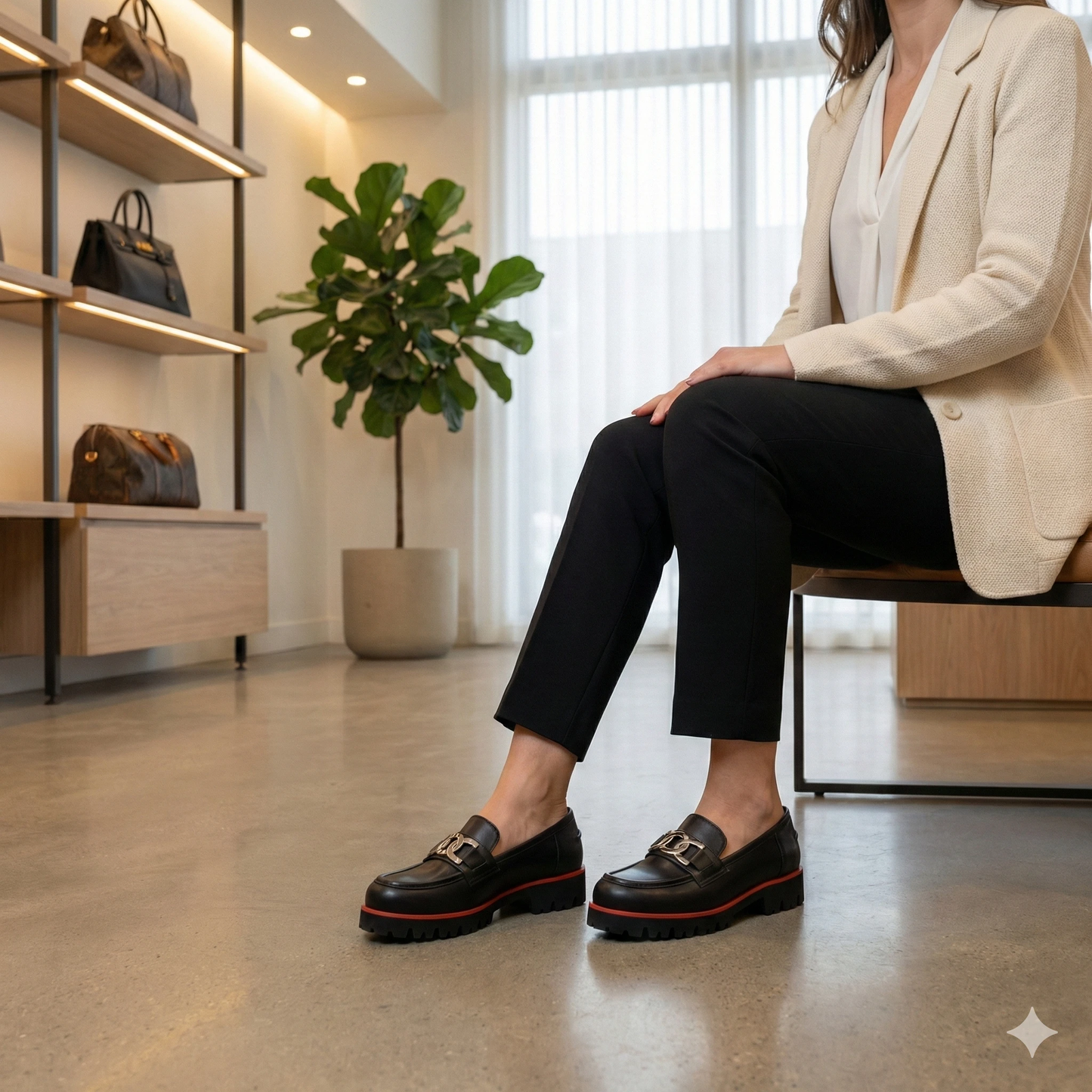 Seated woman in beige blazer and white blouse wearing black leather chunky-sole loafers with silver horsebit hardware.