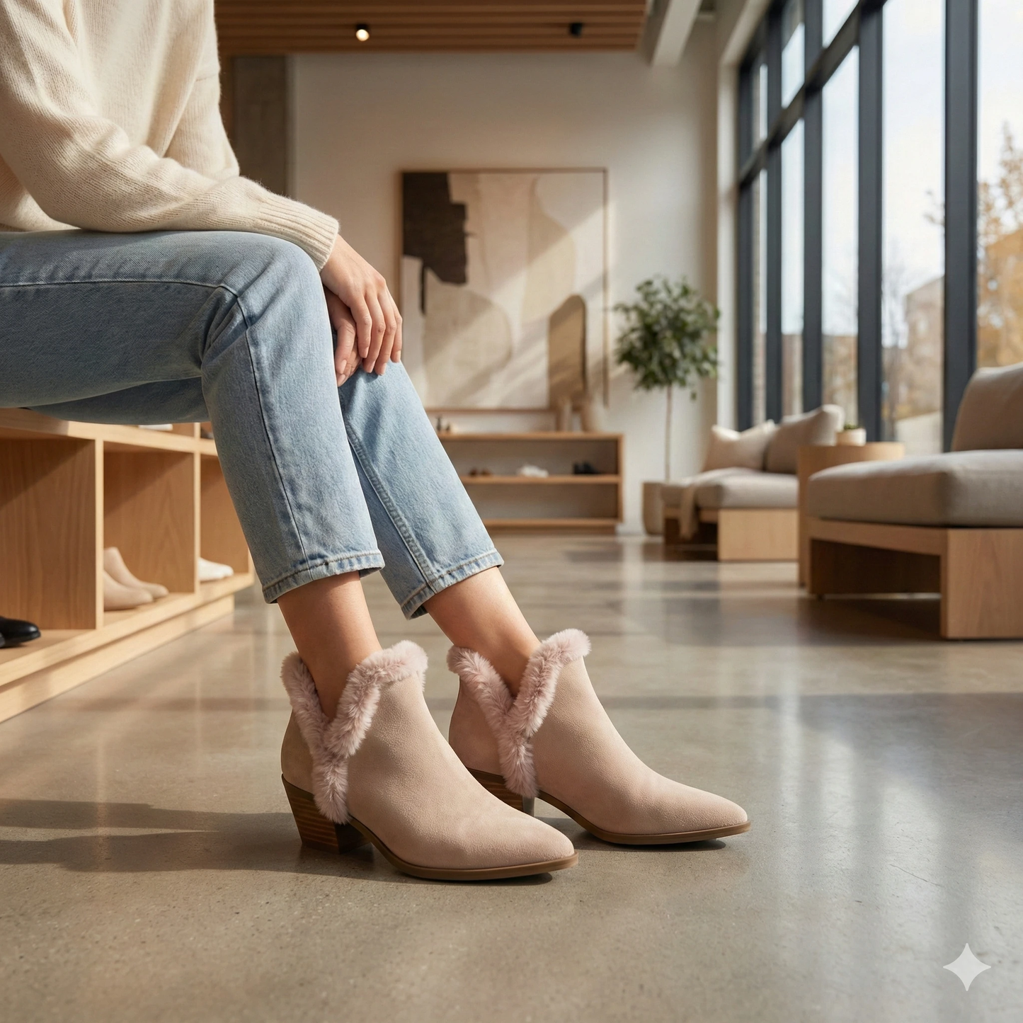 Pointed Toe Faux Fur Suede Ankle Boots - Elegant Beige Booties