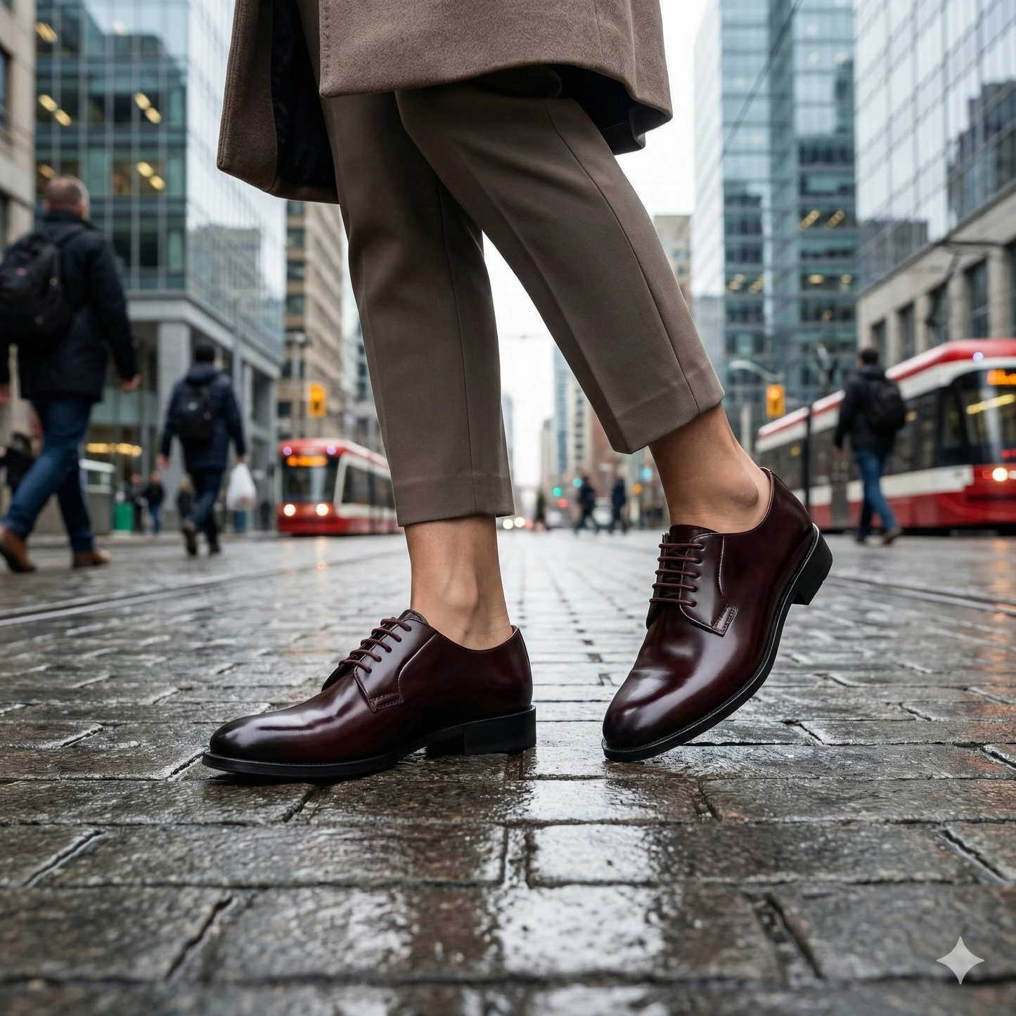 Burnished burgundy leather Derby shoes on a man wearing taupe trousers in a rainy city street with modern buildings.