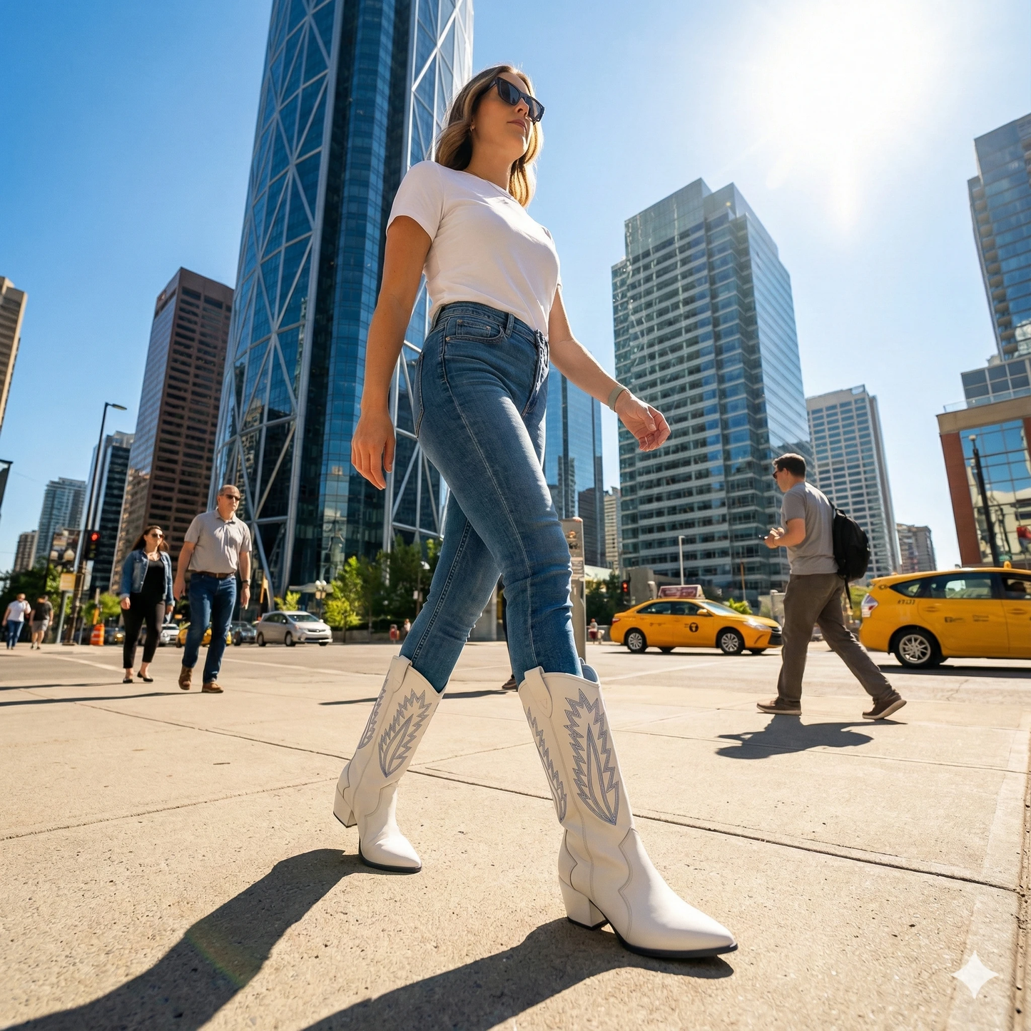 Woman in white T-shirt and jeans wears white leather Western boots with blue flame embroidery on a sunny city street.