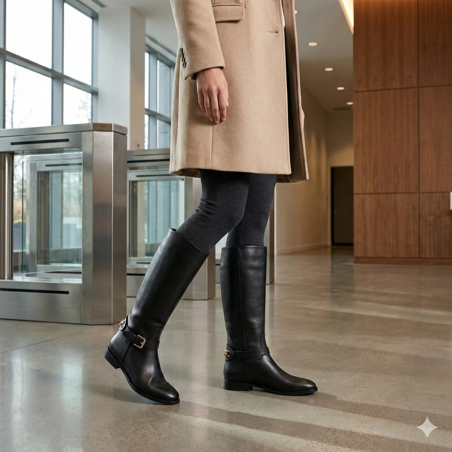 Elegant Black Leather Knee-High Boots with Gold Chain & Buckle Accent