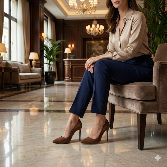 Chocolate brown suede pointed-toe stilettos with scalloped edges, worn by a woman seated in a luxurious hotel lobby.