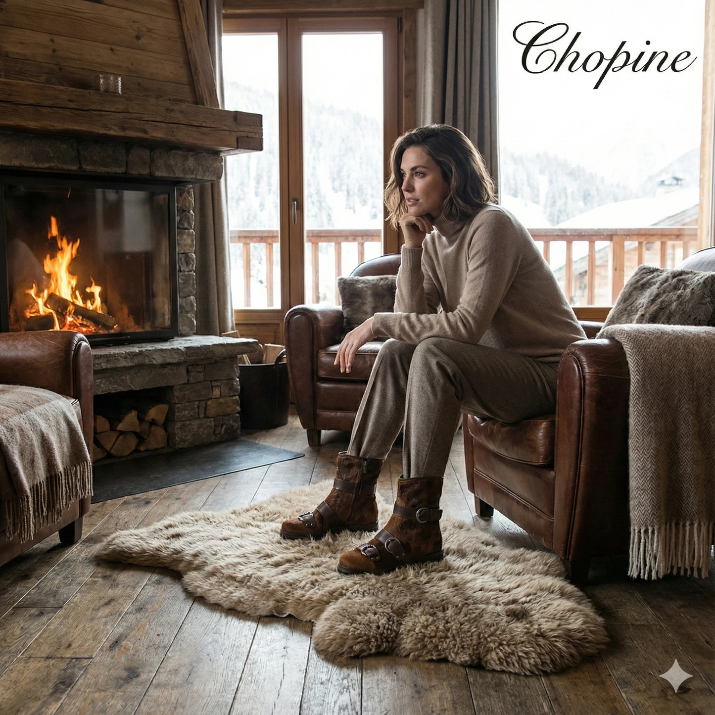 Woman sits on brown leather sofa by a cozy cabin fireplace, wearing hair-on leather buckled boots with chunky lug soles.