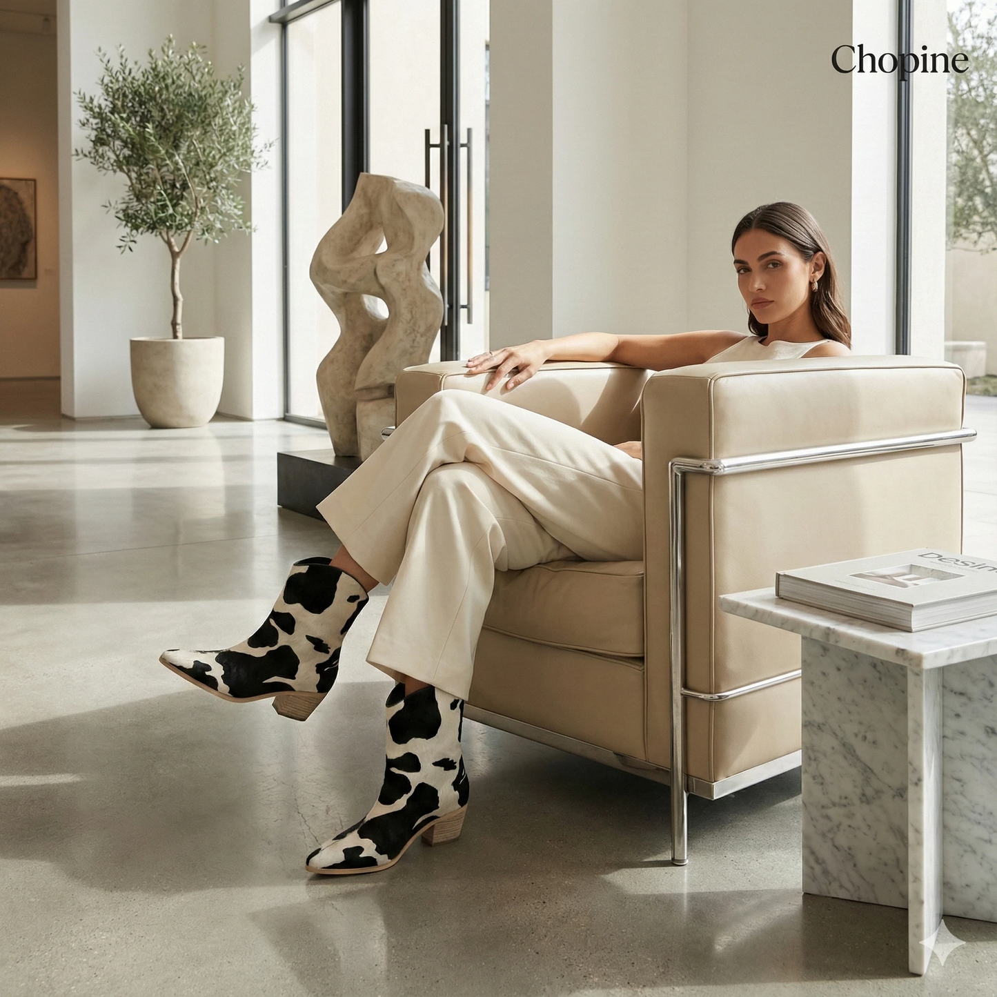 Cow-print hair-on leather western ankle boots with a stacked wooden heel, worn by a woman on a beige sofa.