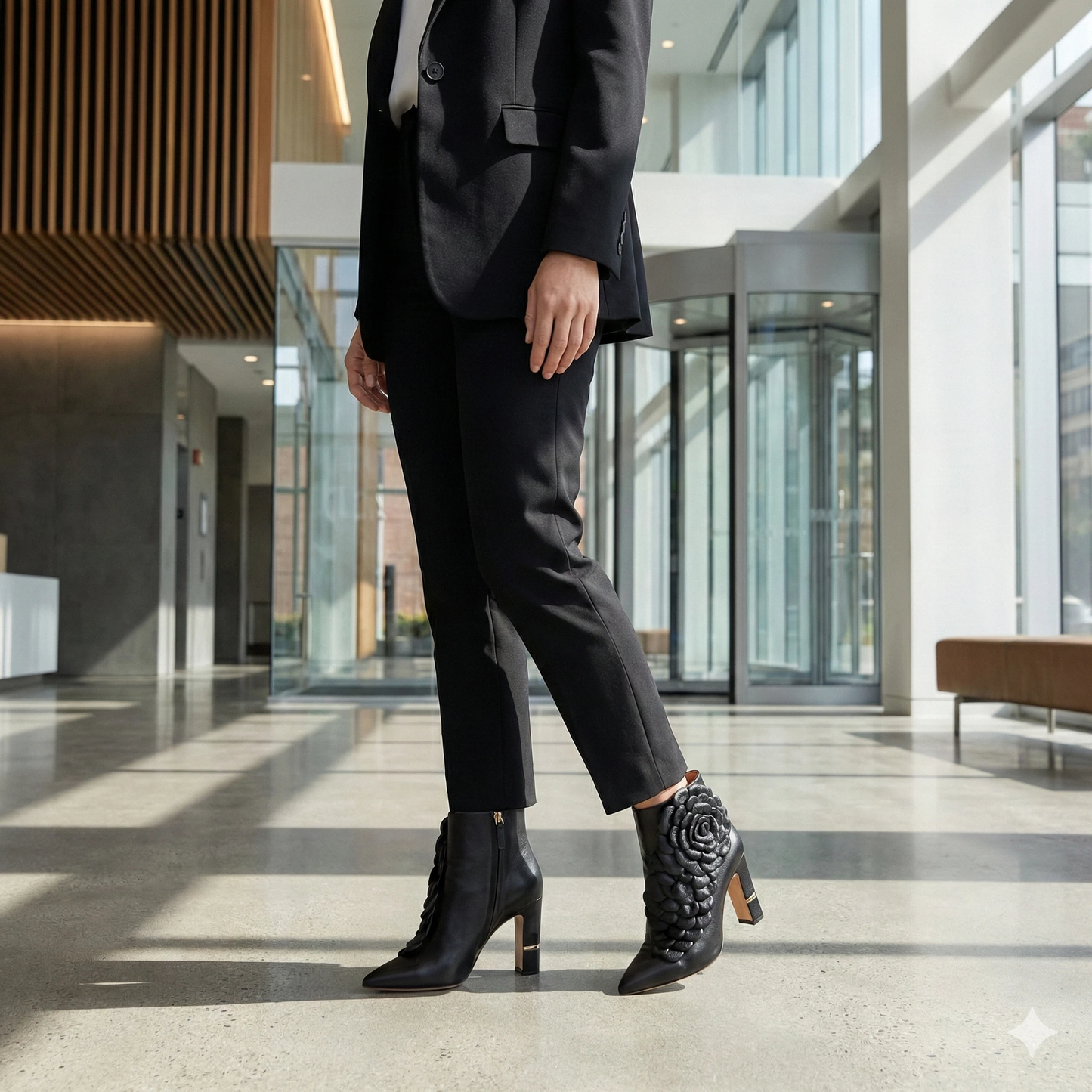 Luxury Black Leather 3D Flower Ankle Boots - Handmade Designer Heels