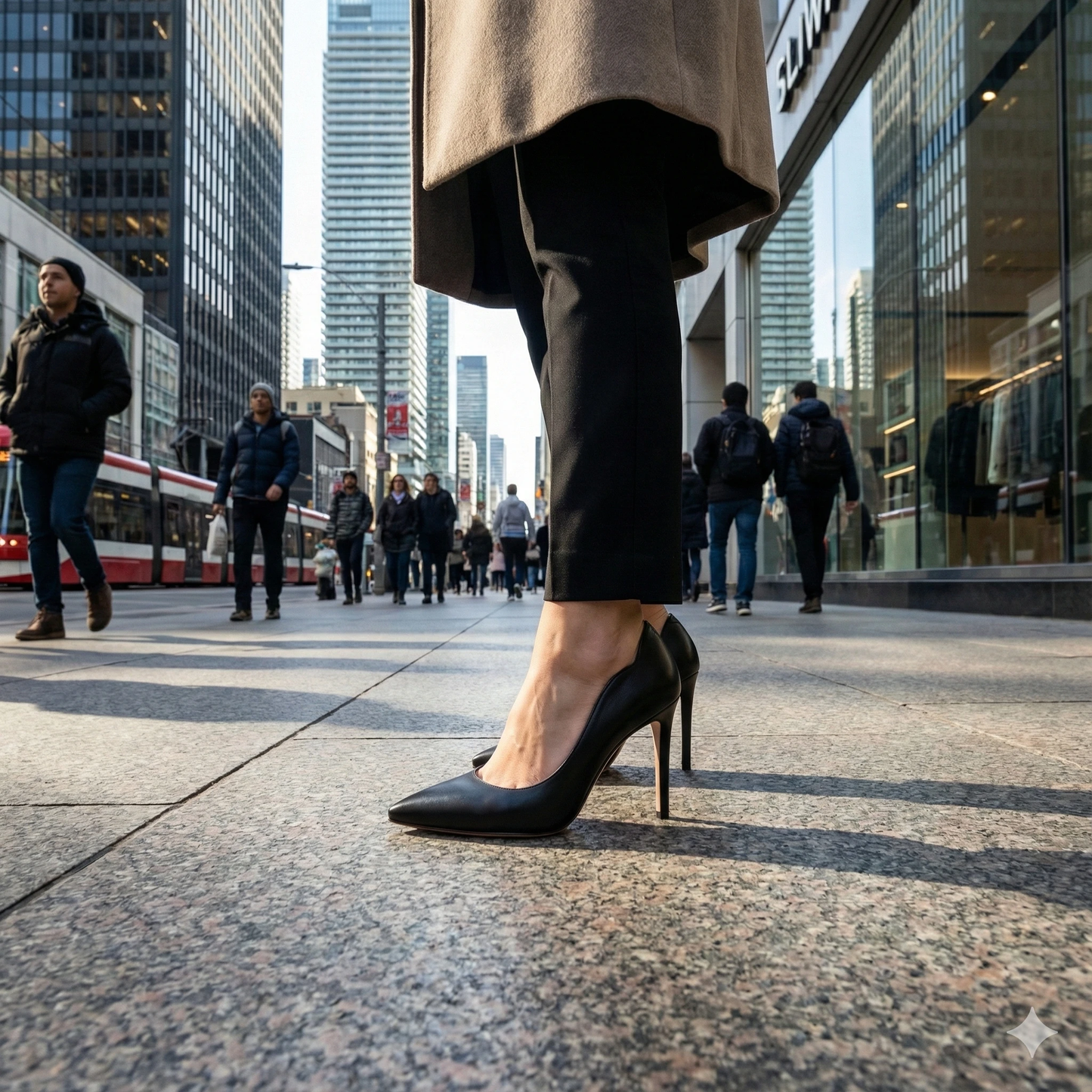 Black leather pointed-toe stiletto pump with a slim heel, worn by a person in a beige coat and black pants on a city sidewalk.