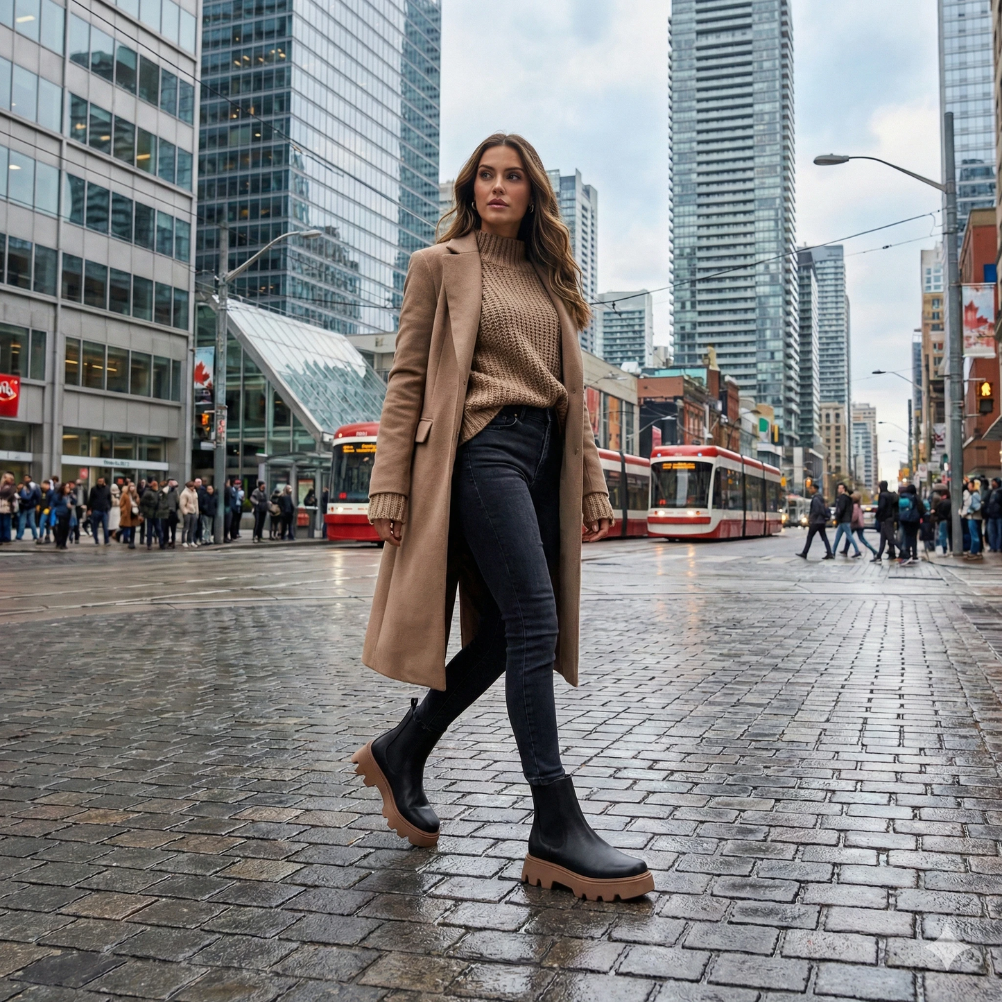 Women's Black Leather Chunky Chelsea Boots with Tan Lugged Sole