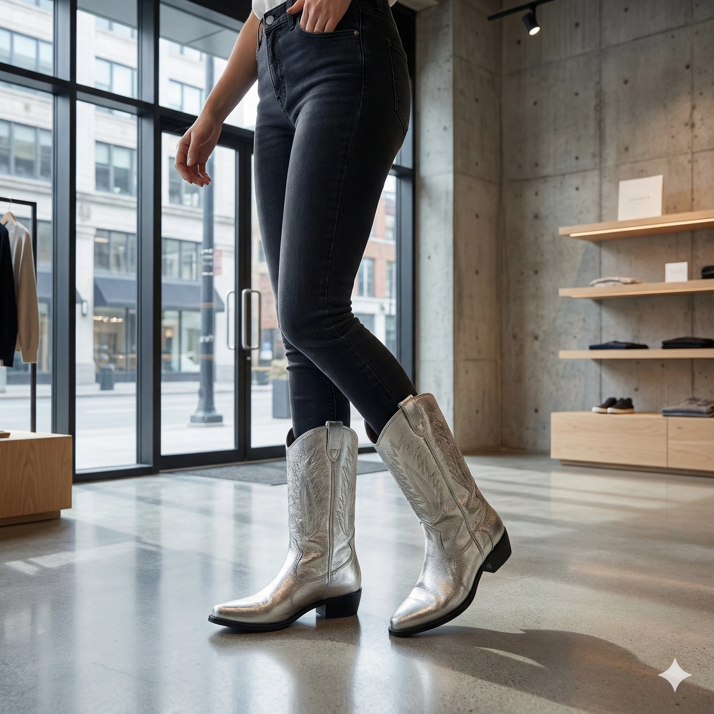 Person wearing metallic silver leather cowboy boots with a pointed toe and dark jeans tucked in, inside a modern boutique.