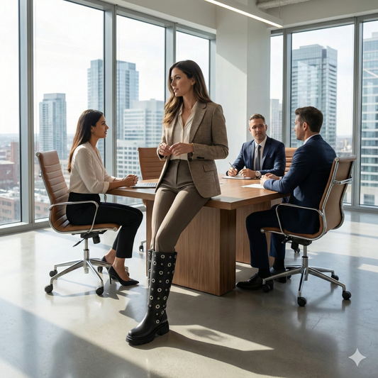 Black Leather Knee-High Grommet Boots with Chunky Lug Sole