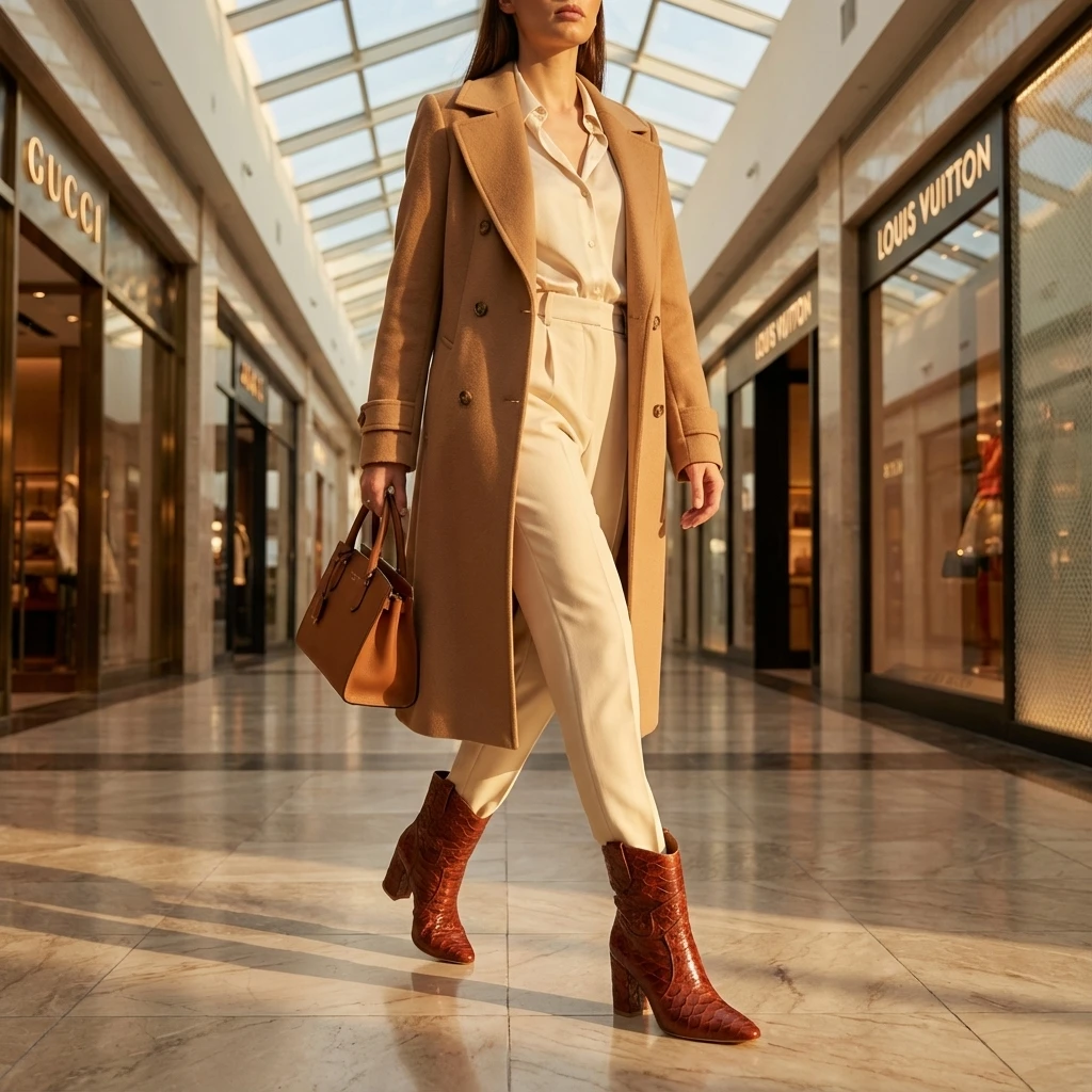 Woman in camel coat and beige suit walks through a luxury mall, wearing cognac croc-embossed Western ankle boots with a block heel.