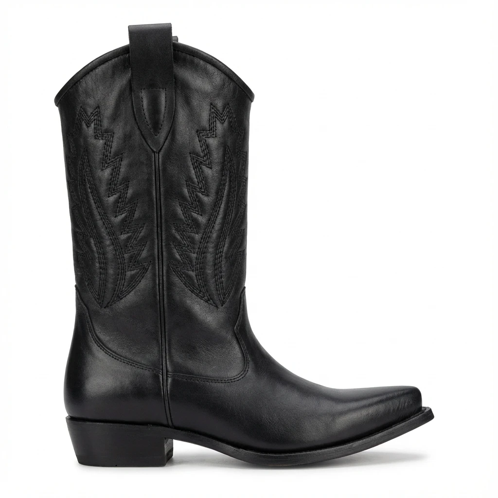Black leather Western cowboy boot with stitched leaf pattern on shaft, pull tab at topline, rounded toe, low block heel.