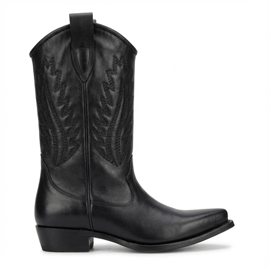 Black leather Western cowboy boot with stitched leaf pattern on shaft, pull tab at topline, rounded toe, low block heel.