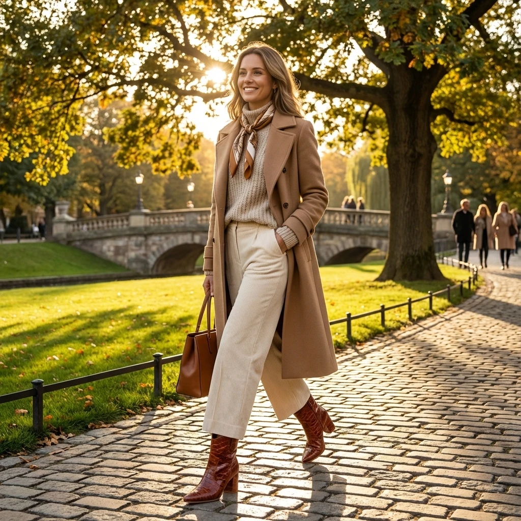 Woman in beige coat wears cognac croc-embossed Western ankle boots with block heel, walking on cobblestones.