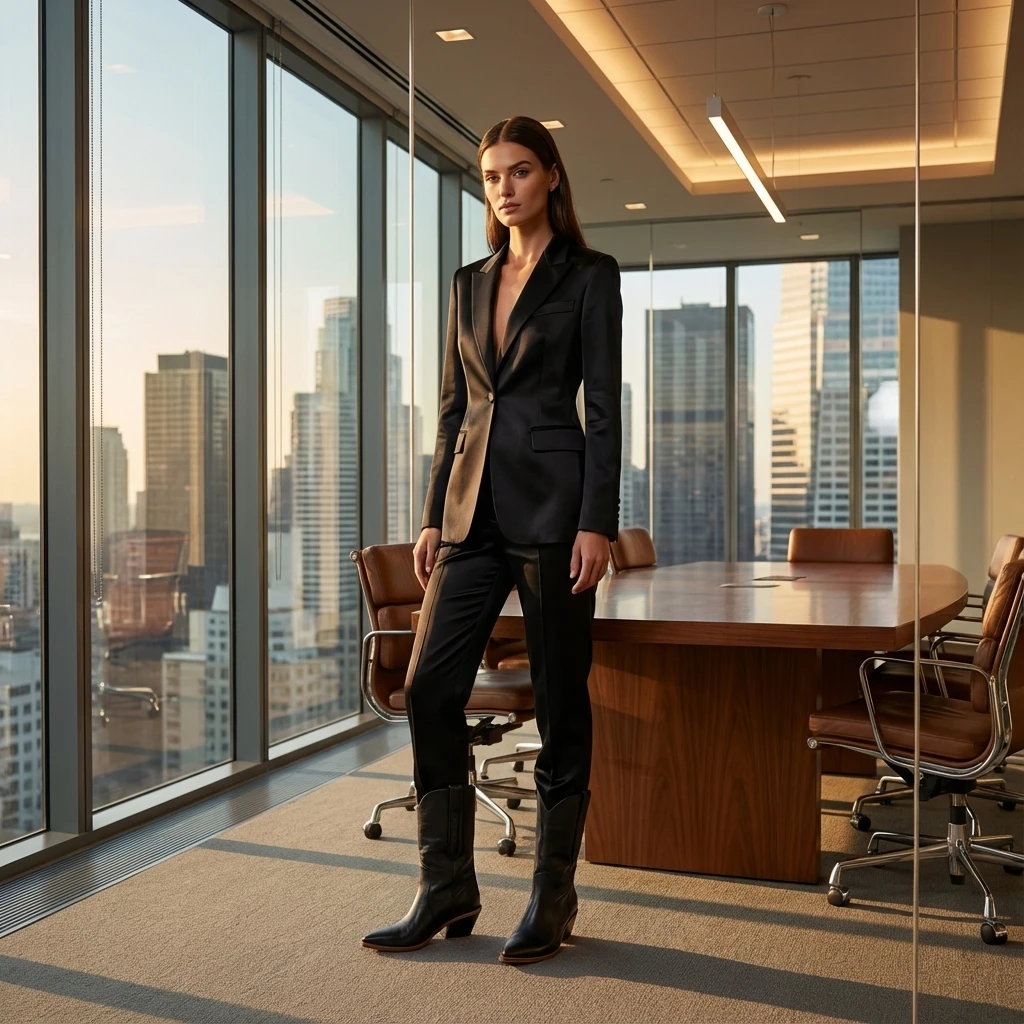 Woman in tailored suit wearing black leather mid-calf Western boots with pointed toe and block heel in glass office.