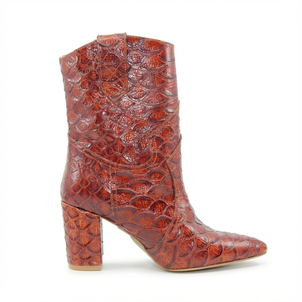 Cognac croc-embossed Western ankle boot with a chunky block heel and pointed toe.