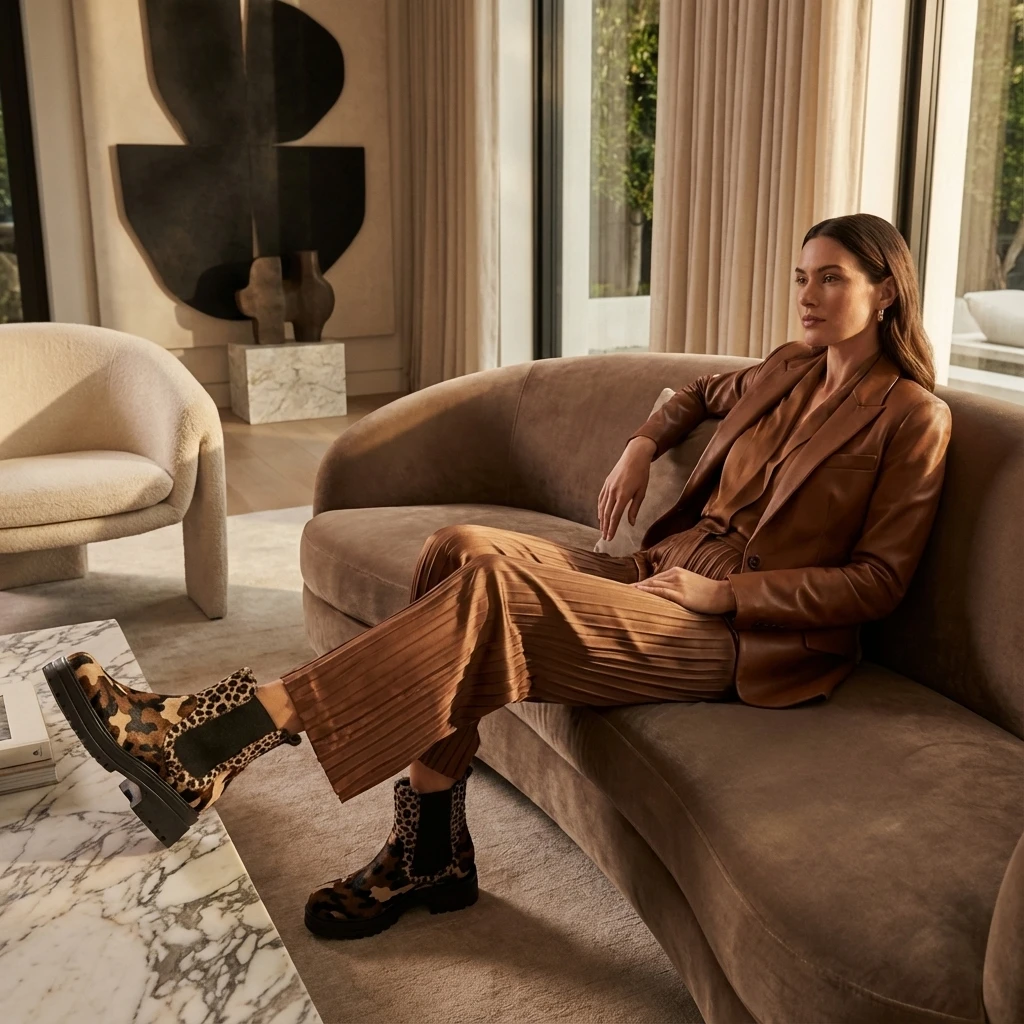 Woman lounging on a tan-brown sofa in a brown suit; leopard-print calf-hair Chelsea boots with chunky lug soles.