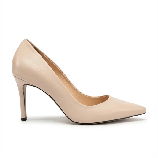 Nude beige pointed-toe stiletto pump in smooth leather, side profile with slim high heel.
