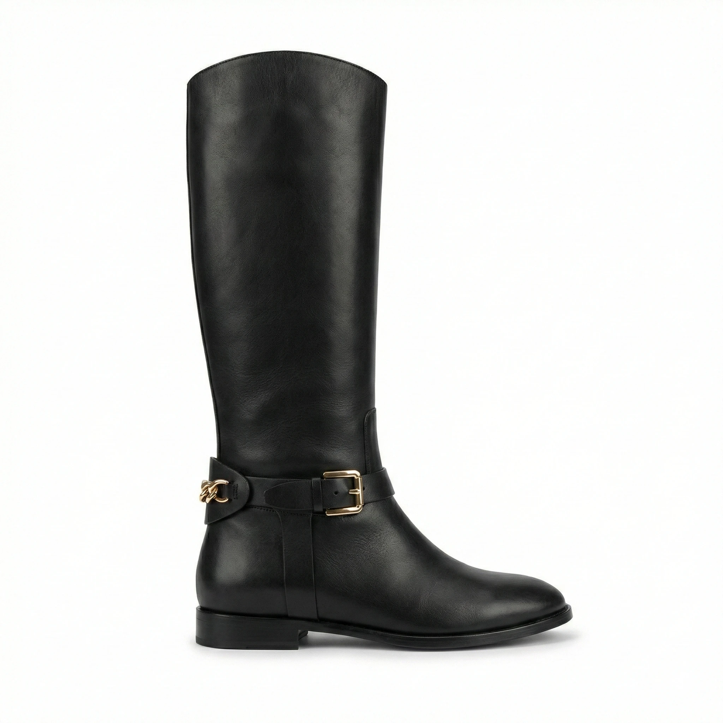 Elegant Black Leather Knee-High Boots with Gold Chain & Buckle Accent