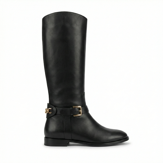 Elegant Black Leather Knee-High Boots with Gold Chain & Buckle Accent