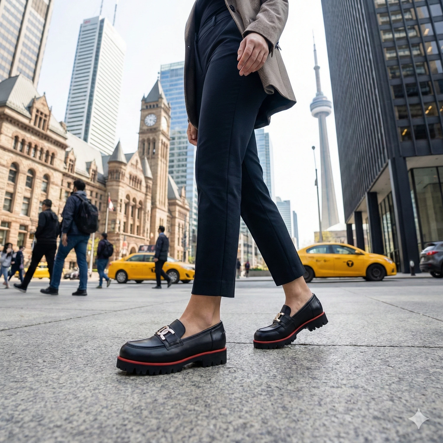 Black leather loafers with chunky lug sole and silver bit hardware; red trim along sole, worn on a city street.
