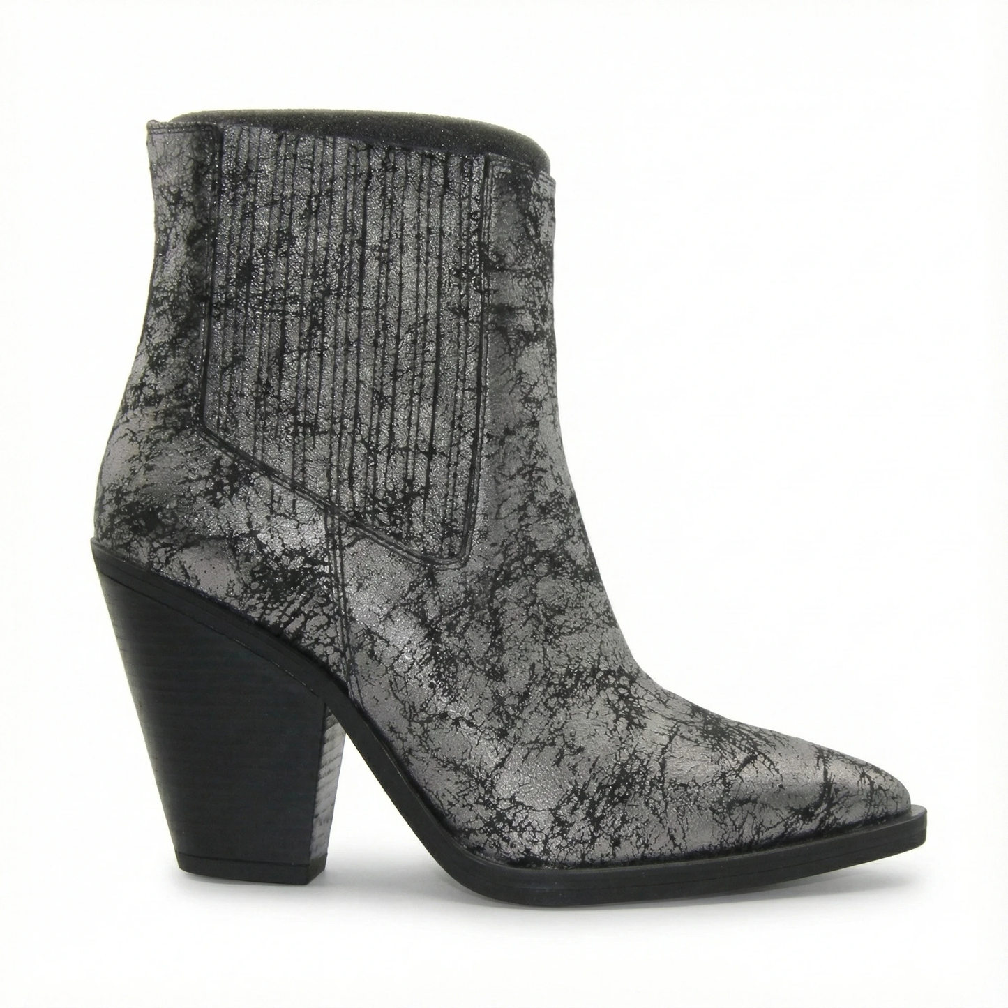Silver metallic cracked-texture ankle boot with pointed toe and chunky black Cuban block heel; ribbed shaft.