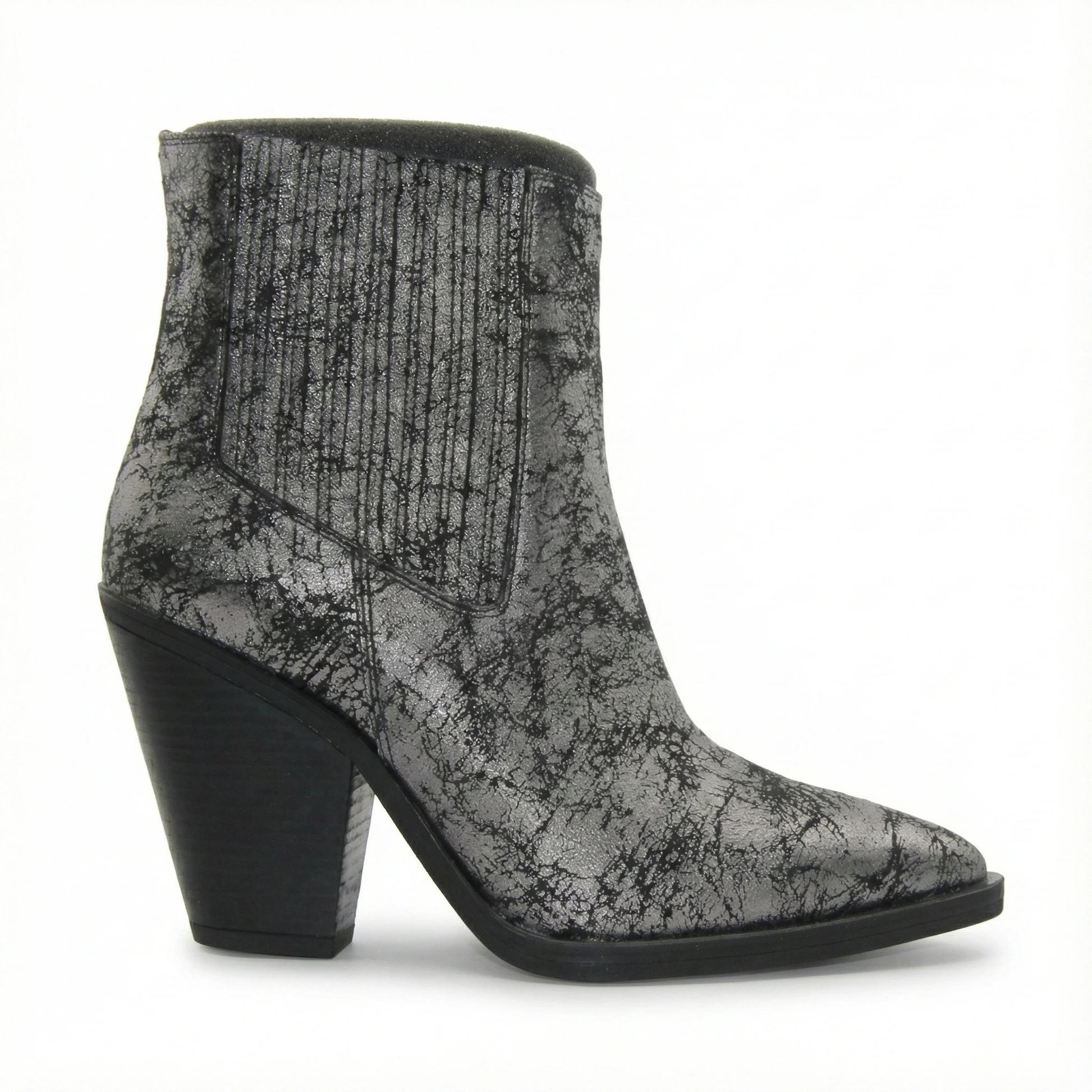 Silver metallic cracked-texture ankle boot with pointed toe and chunky black Cuban block heel; ribbed shaft.
