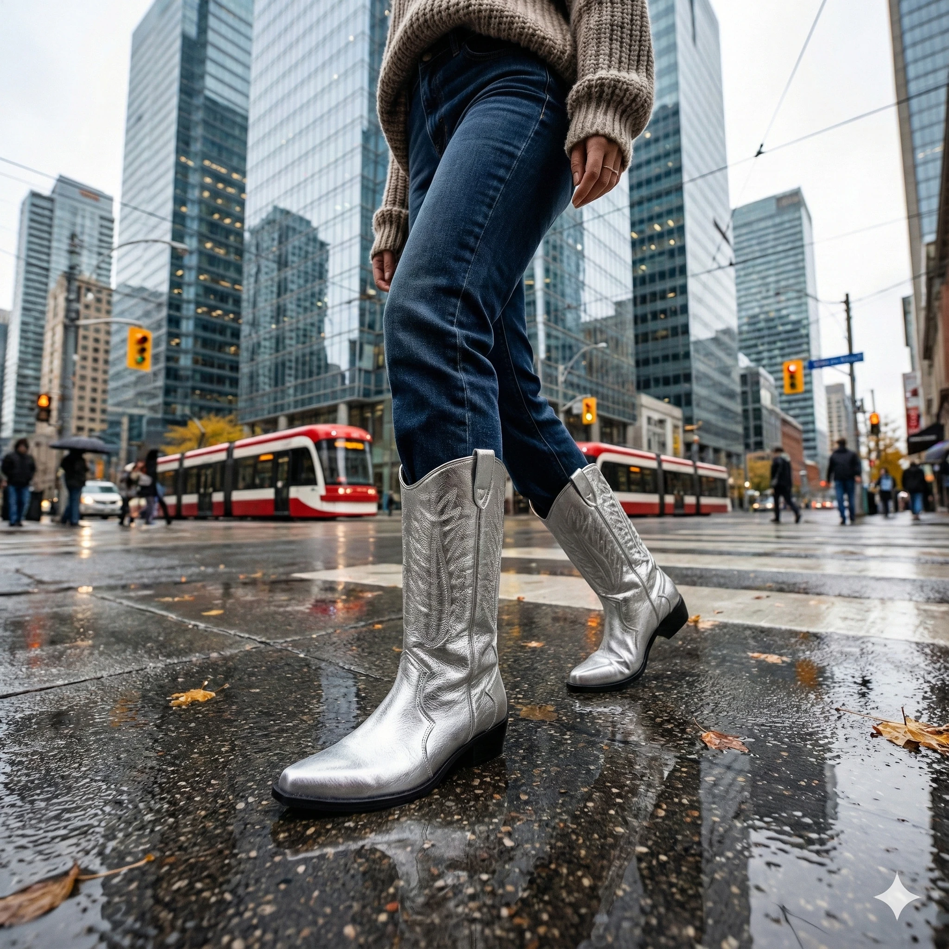 Metallic silver leather cowboy boots with pointed toes and low heels, on dark jeans in a wet city street.