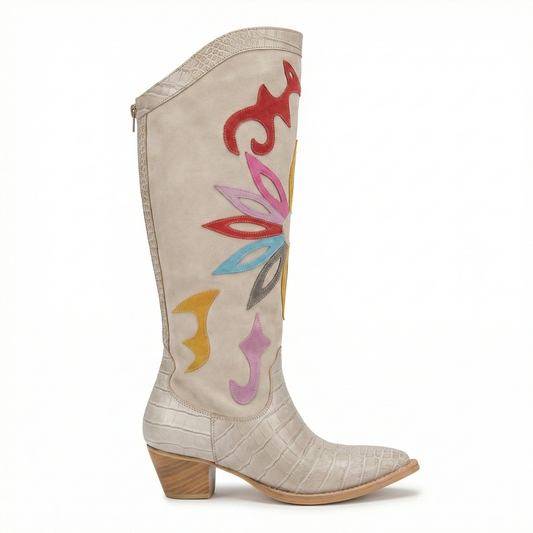 Handcrafted Croco-Embossed Western Boots with Colorful Suede Applique