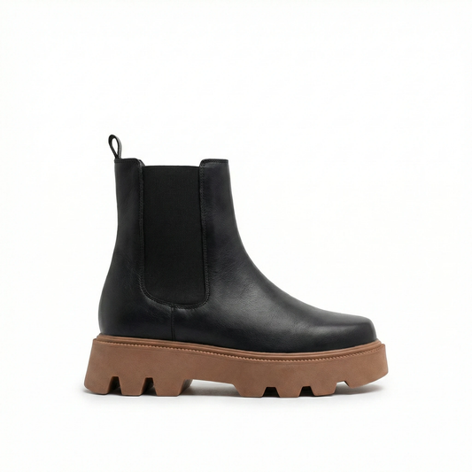 Women's Black Leather Chunky Chelsea Boots with Tan Lugged Sole