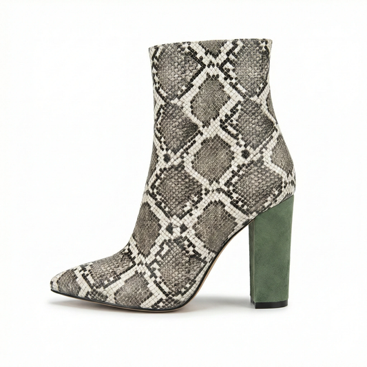 Snakeskin Pointed Toe Ankle Boots - Green Suede Block Heel Chic