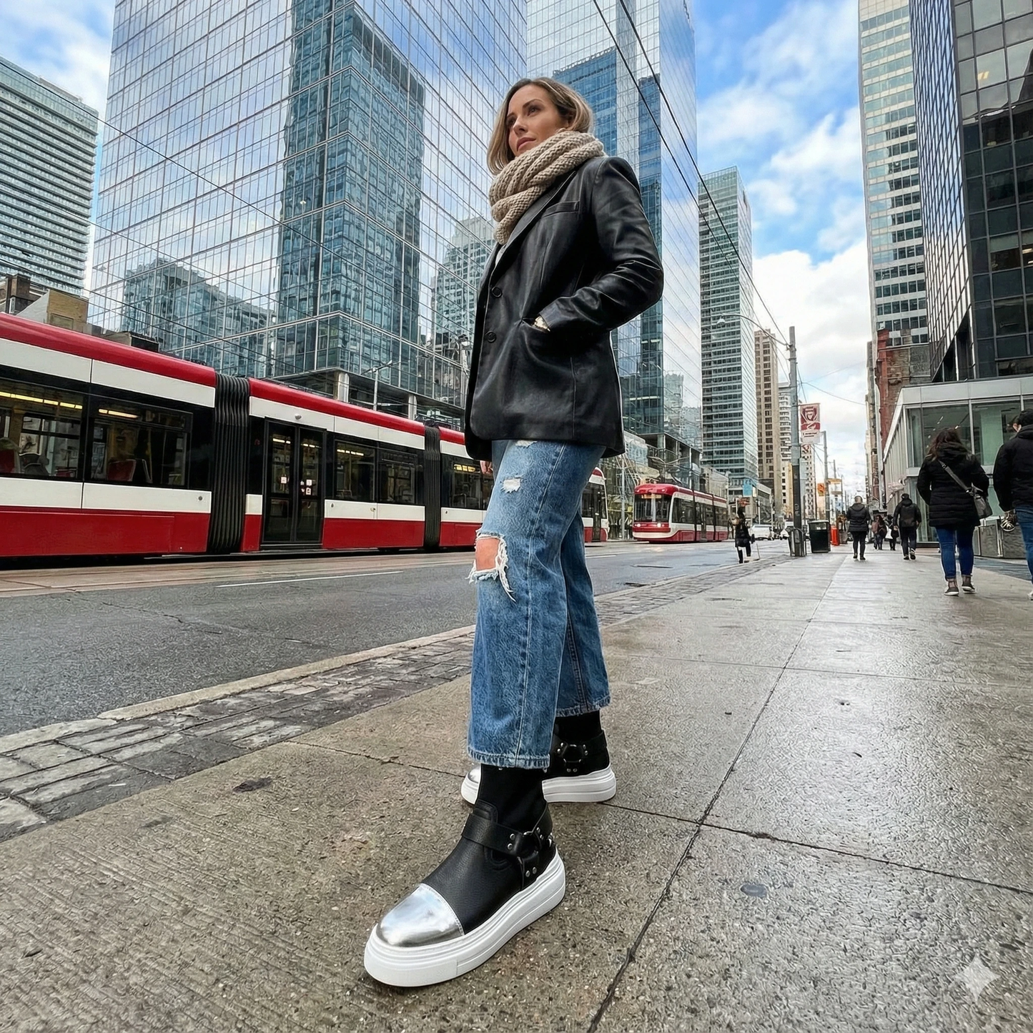 Black leather sock boots with silver toe caps and harness straps on a white platform sole, worn by a woman on a street.