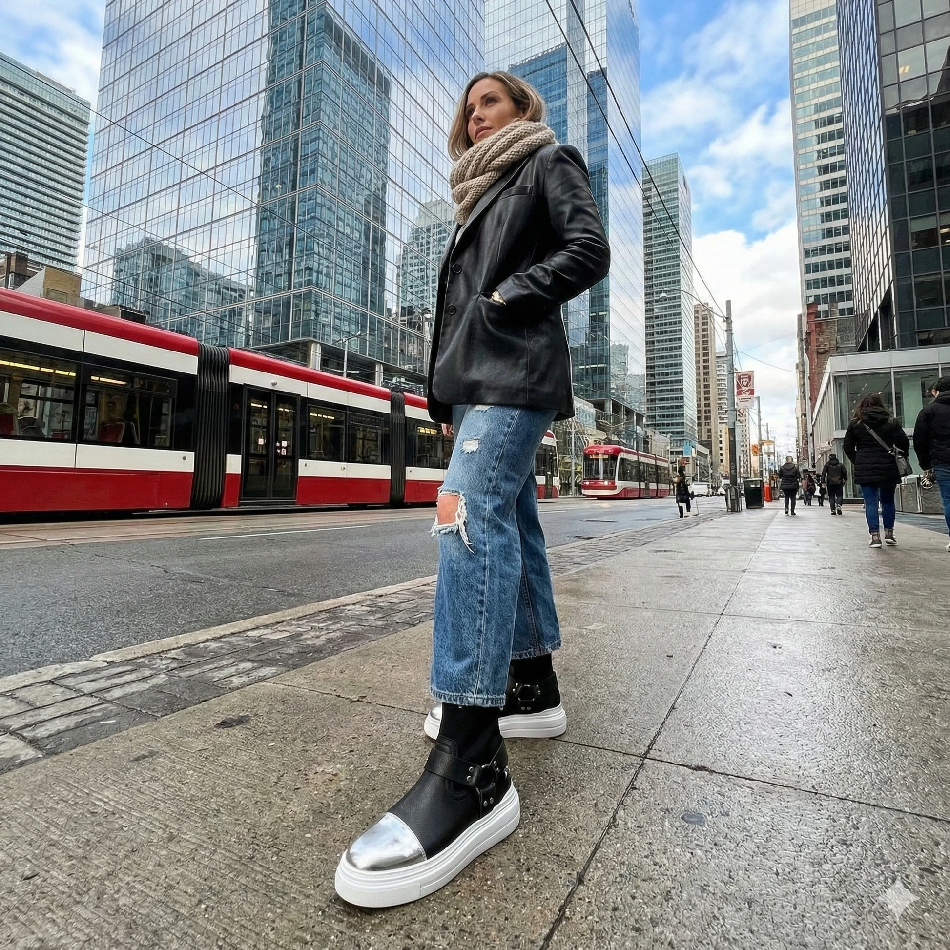 Black leather sock boots with silver toe caps and harness straps on a white platform sole, worn by a woman on a street.
