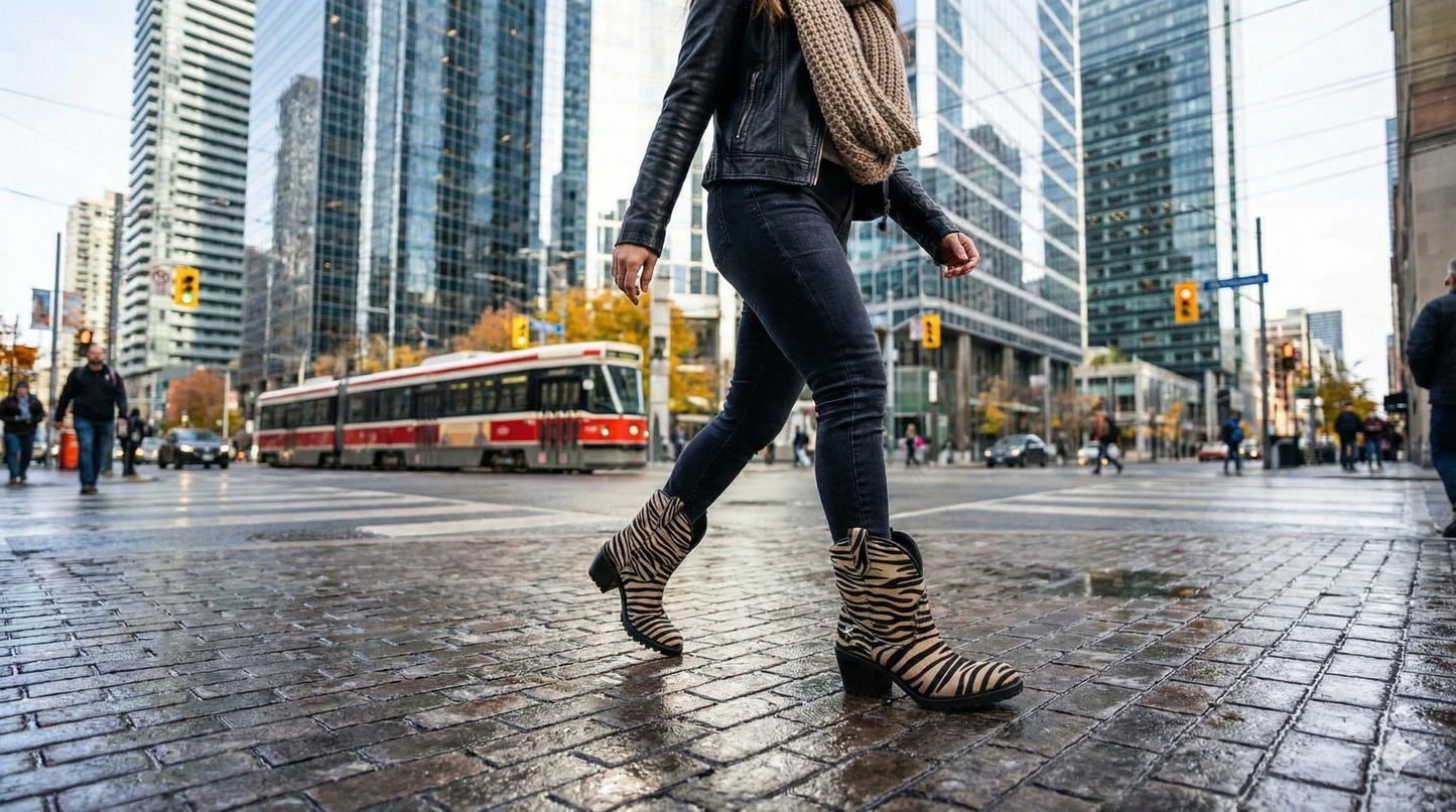 Person walking on a wet urban street wearing zebra-print pony-hair western ankle boots with a chunky heel and star studs.