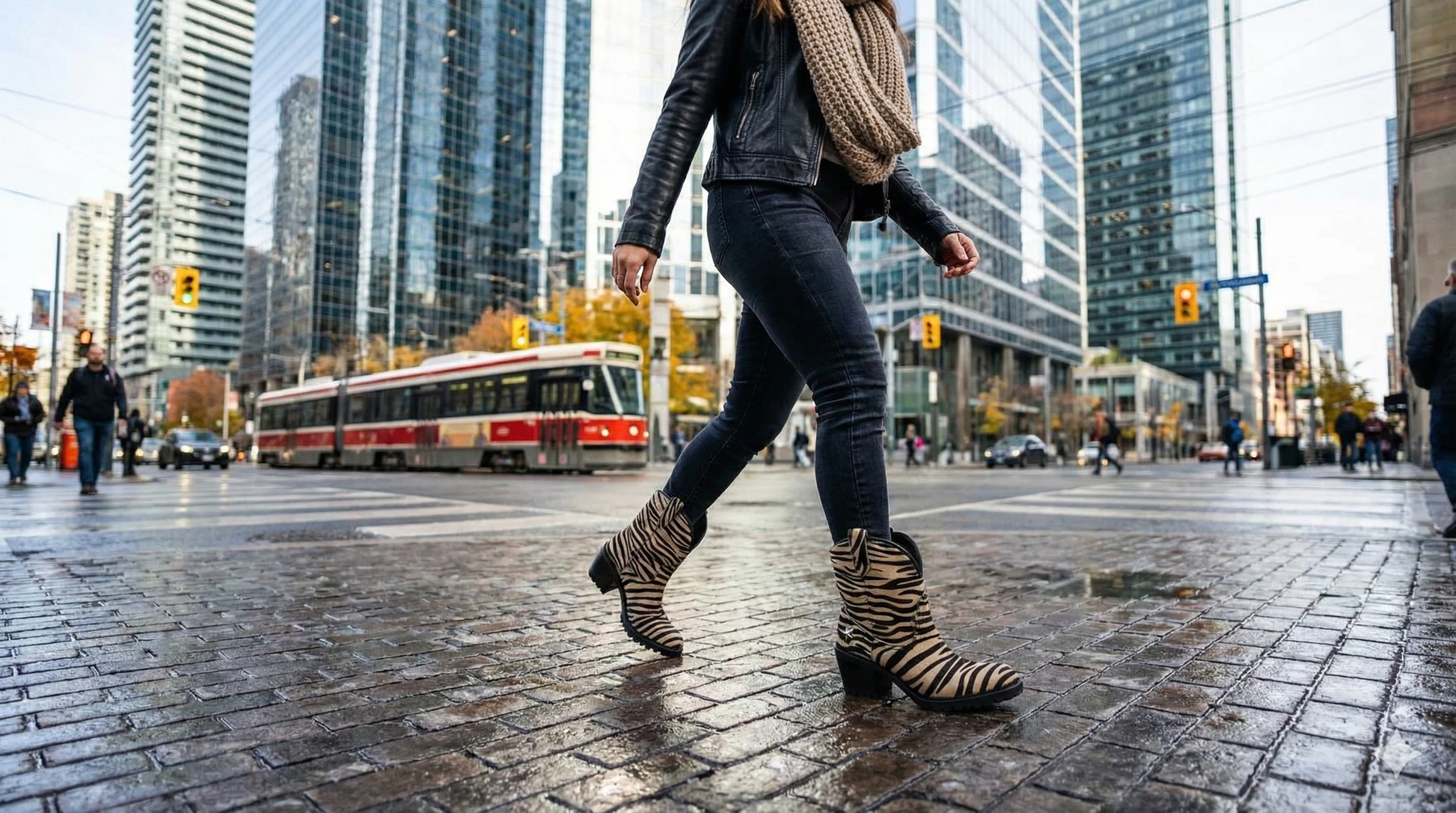 Person walking on a wet urban street wearing zebra-print pony-hair western ankle boots with a chunky heel and star studs.