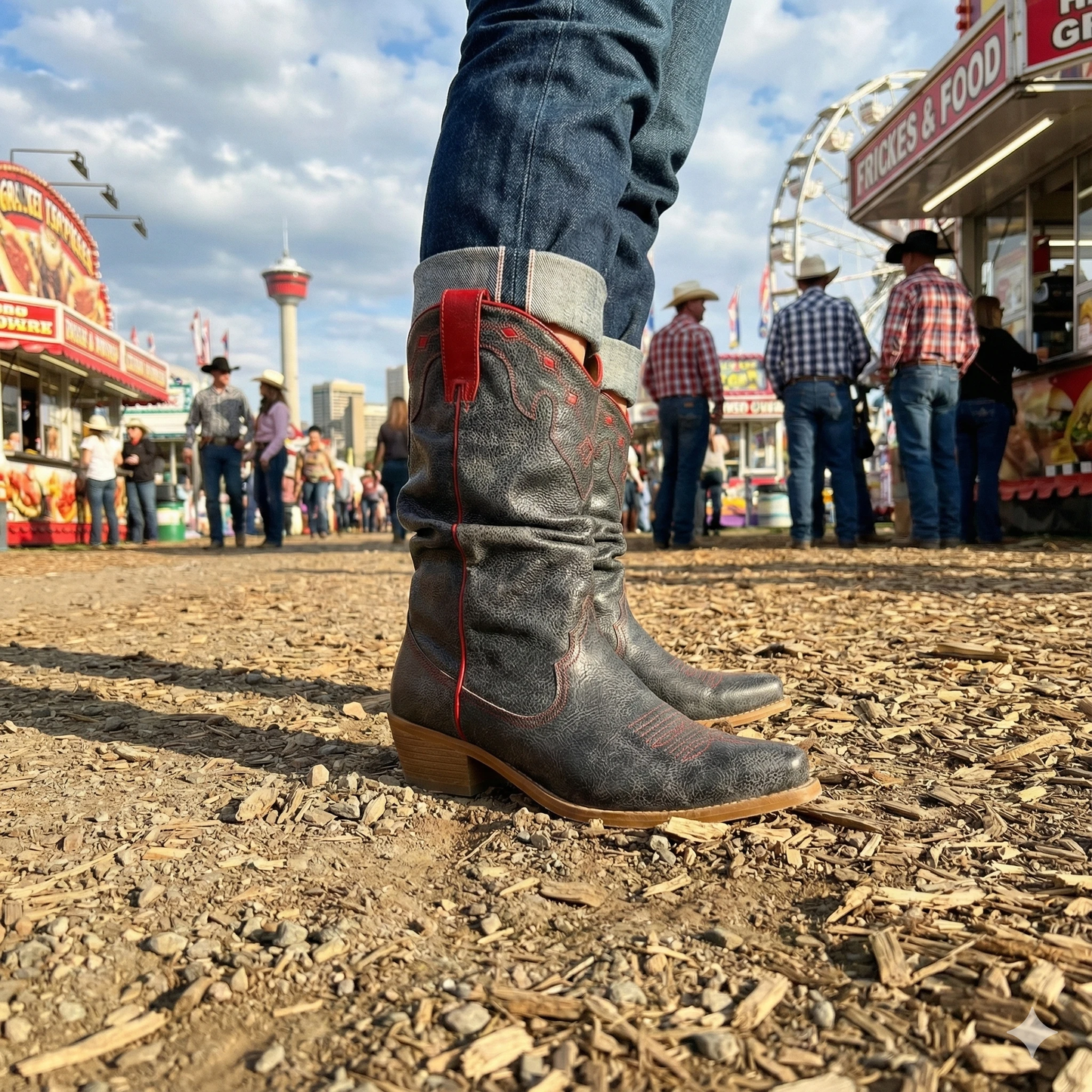 Close-up of vintage grey distressed Western boots with red piping and pull tabs, worn with cuffed jeans at a bustling fairground.