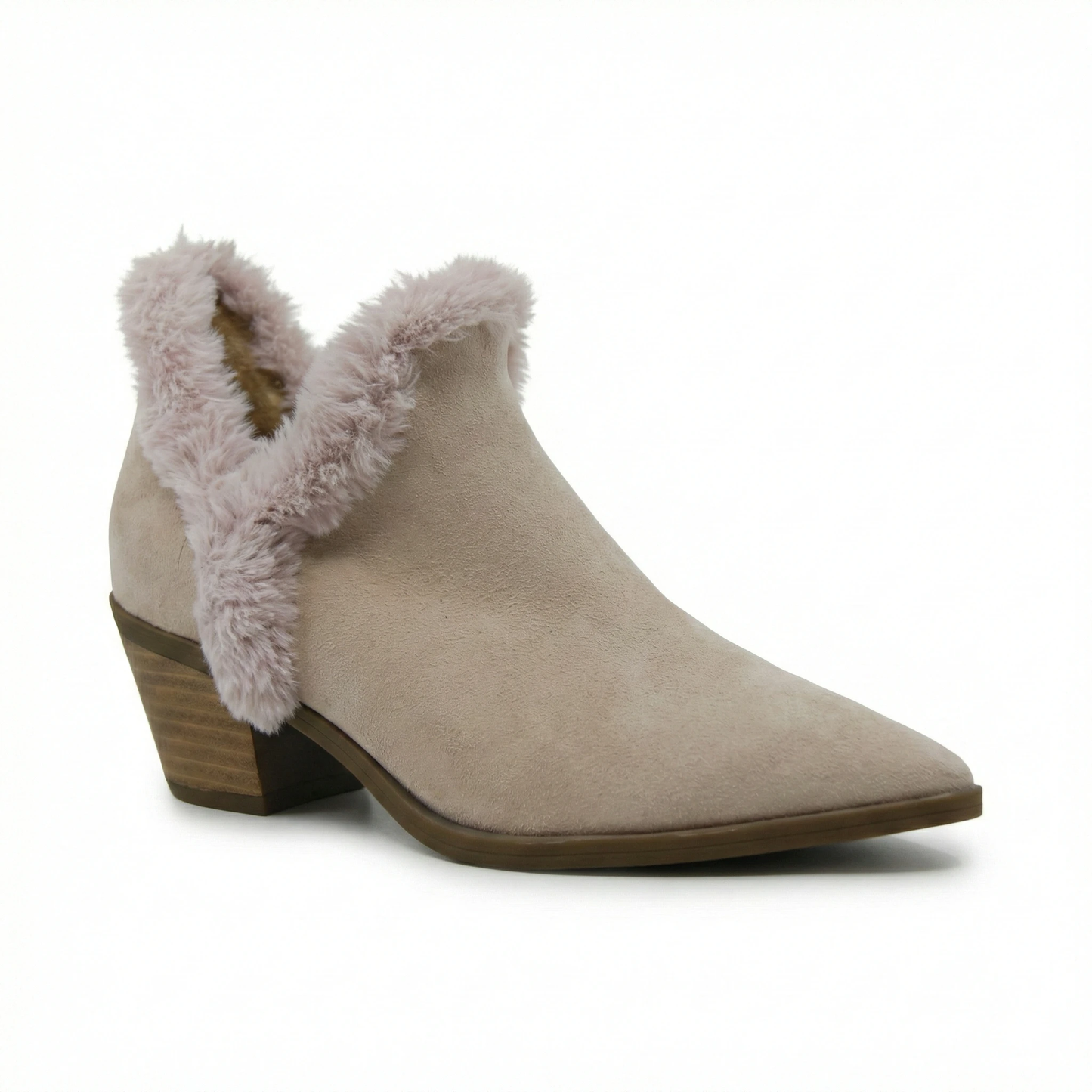 Pointed Toe Faux Fur Suede Ankle Boots - Elegant Beige Booties
