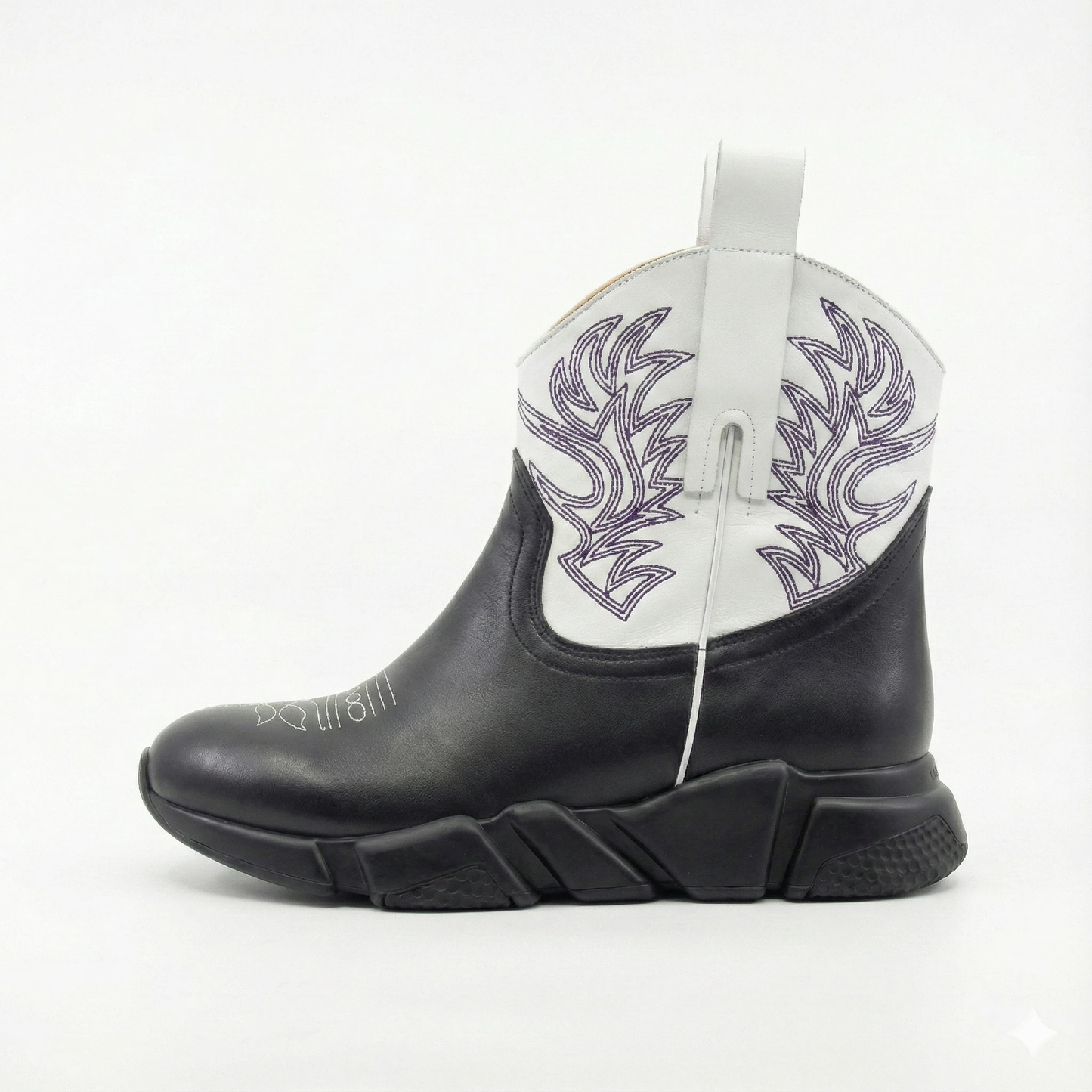 Black leather boot with white Western shaft, purple flame embroidery, chunky black sole, and back pull tab.