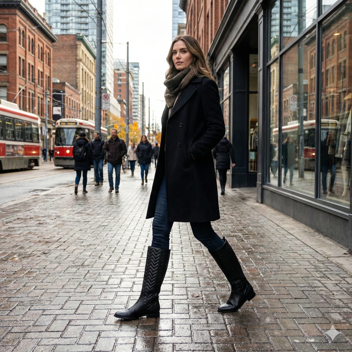A woman in a black coat and scarf wears knee-high chevron-quilted leather boots while walking on a wet city street.