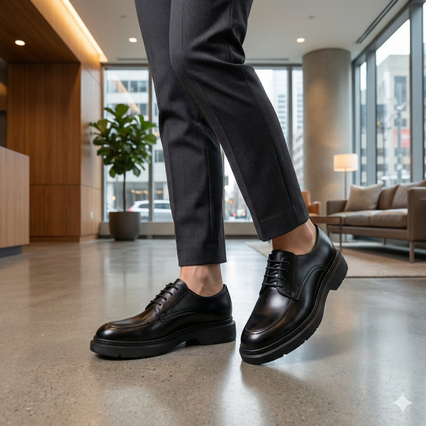 Black leather chunky derby shoes with thick lug soles and lace-ups, worn with dark dress pants in a modern lobby.