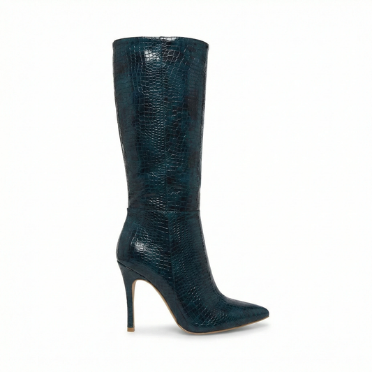 Luxury Teal Croc-Embossed Pointed Toe High Heel Tall Boots