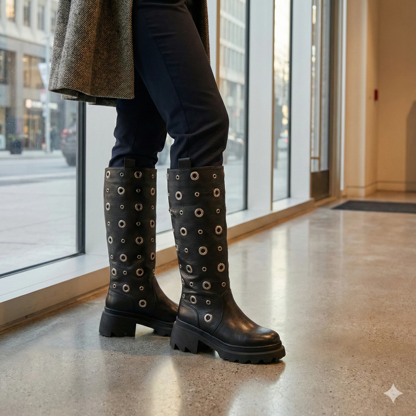 Black leather knee-high boots dotted with silver grommets and a chunky lug sole, paired with dark pants indoors.