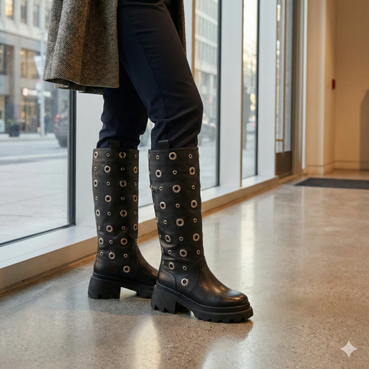 Black leather knee-high boots dotted with silver grommets and a chunky lug sole, paired with dark pants indoors.