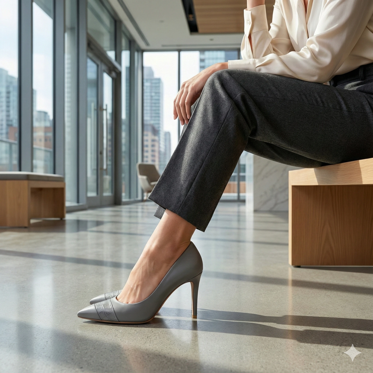 Grey leather pointed-toe pump with embossed cap toe, slim stiletto heel; worn with charcoal trousers in a bright office lobby.