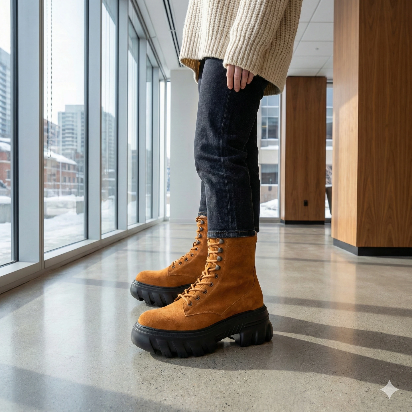 Tan Suede Chunky Platform Combat Boots - Handmade Genuine Leather