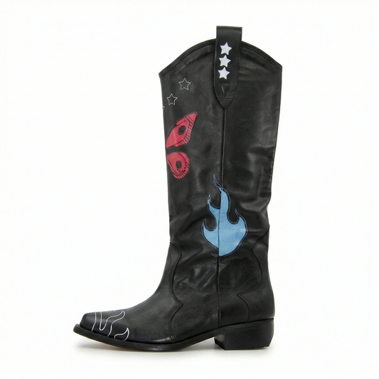 Black Leather Butterfly & Blue Flame Western Boots - Tall Cowboy Style