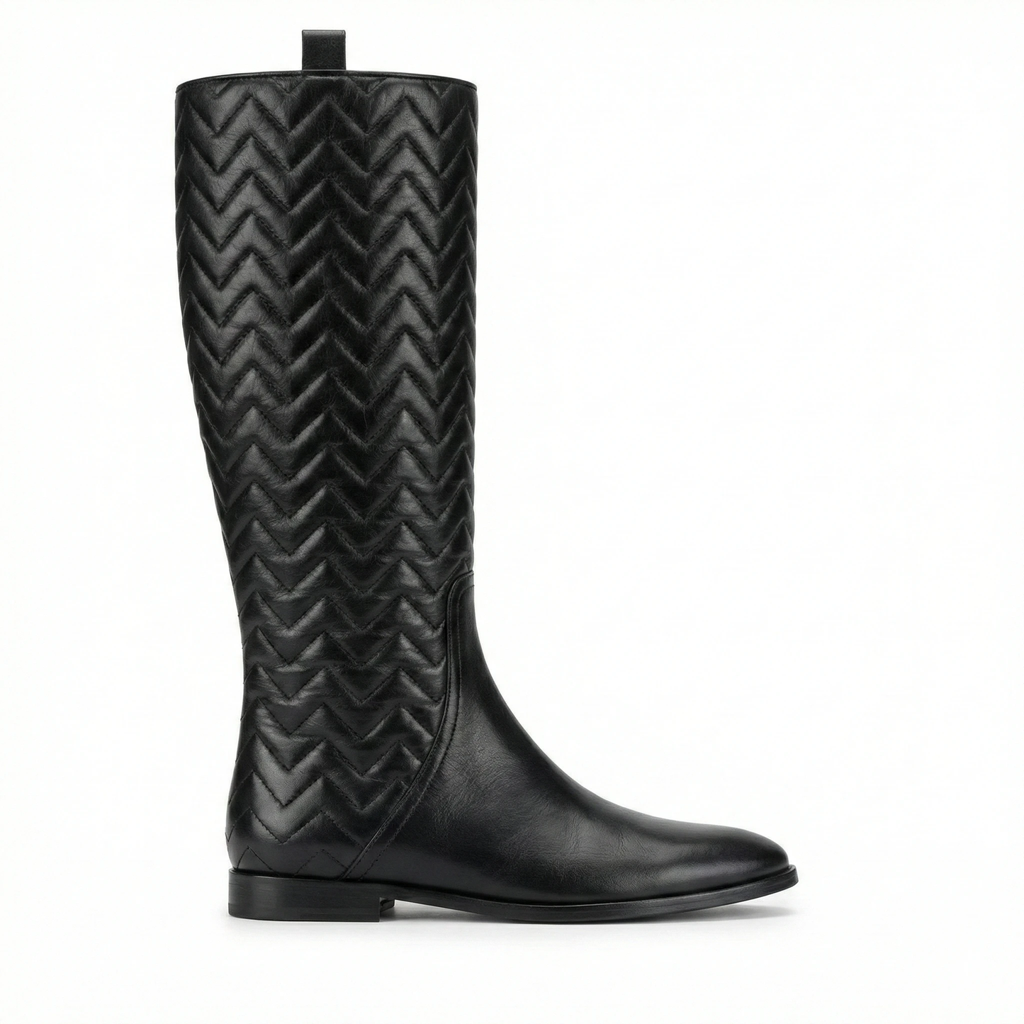 Black knee-high leather boot with chevron quilted shaft, smooth rounded toe, low heel, and back pull tab.