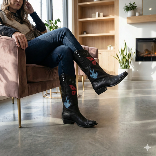 Black Leather Butterfly & Blue Flame Western Boots - Tall Cowboy Style