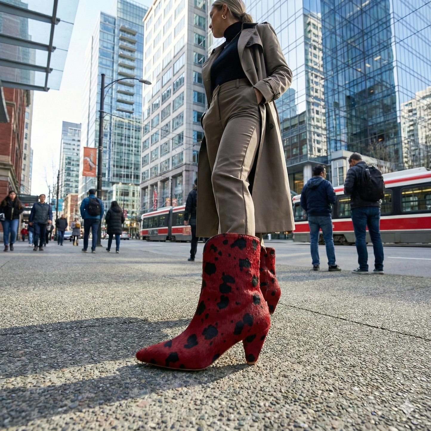Red and black spotted pony-hair ankle boots with a pointed toe and mid-height heel on a city street.