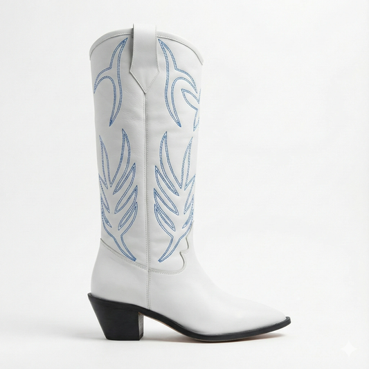 Handcrafted White Leather Western Boots with Blue Contrast Stitching
